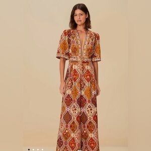 FARM RIO Orange and Brown Jumpsuit with Flutter Sleeves